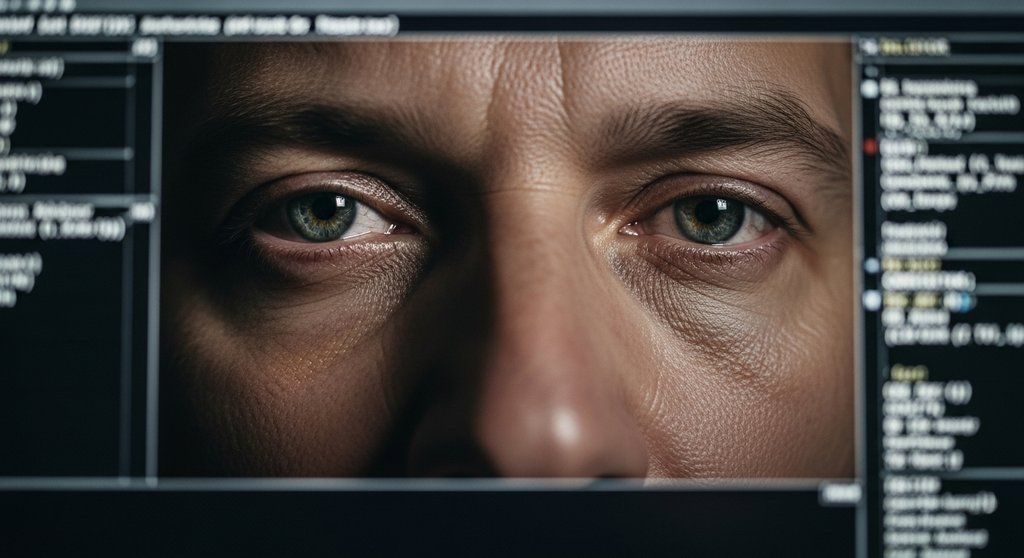 Nahaufnahme der müden Augen einer Person, die sich im Bildschirm eines Computers spiegeln und Erschöpfung zeigen.