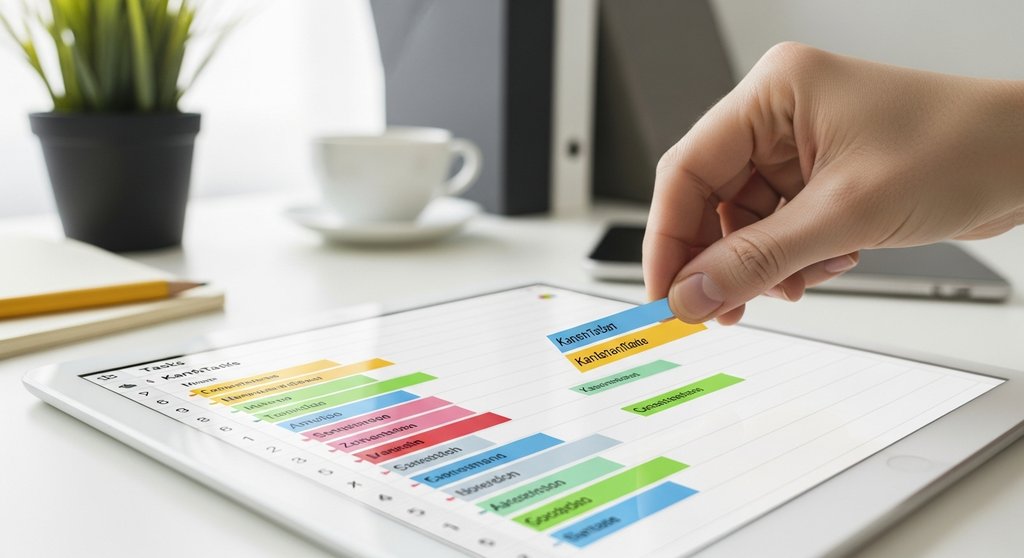 Nahaufnahme einer Hand, die auf einem Tablet-Bildschirm eine Aufgabe in einem farbenfrohen Kanban-Board von einer Spalte in die nächste zieht. Der Hintergrund ist ein aufgeräumter, moderner Schreibtisch mit einer Pflanze und einer Tasse Kaffee. Der Fokus liegt auf der Interaktion mit der Software. High resolution photography, DSLR, True-to-life colors, Depth of field. → Hand verschiebt eine digitale Karte auf einem Kanban-Board auf einem Tablet.