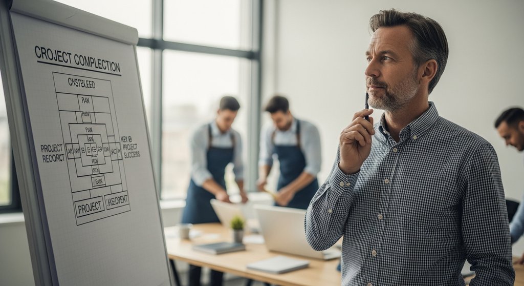 Projektabschlussbericht als Schlüssel zum zukünftigen Projekterfolg dargestellt durch einen Projektmanager. Editorial Style Fotografie, Medium Shot. Ein nachdenklicher Projektmanager mittleren Alters in einem modernen, hellen Büro blickt auf ein Whiteboard mit einem abgeschlossenen Projektplan. Er hält einen Stift in der Hand, ein leichtes Lächeln des Stolzes und der Reflexion im Gesicht. Im Hintergrund ist sein Team unscharf zu sehen, wie sie aufräumen. Das Licht ist weich und natürlich, kommt von einem großen Fenster. Muted Tones, Kodak Portra 400 Stil mit leichtem Filmkorn. Shot on DSLR, 50mm lens, visible skin texture, depth of field.