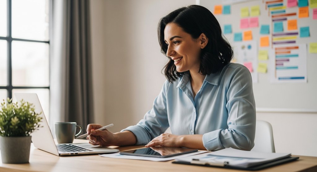 Projektmanagerin arbeitet nach einem erfolgreichen Kick-Off Meeting am Laptop.