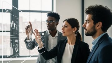 Team analysiert Daten auf einem digitalen Bildschirm als Symbol für die Vorteile der digitalen Transformation.