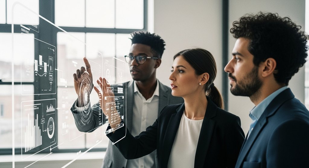 Team analysiert Daten auf einem digitalen Bildschirm als Symbol für die Vorteile der digitalen Transformation.