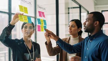 Team führt eine Stakeholderanalyse an einem Whiteboard durch, um den Projekterfolg zu sichern.