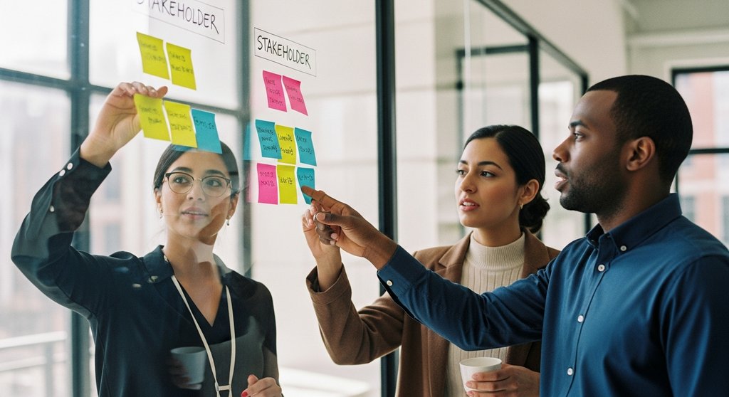 Team führt eine Stakeholderanalyse an einem Whiteboard durch, um den Projekterfolg zu sichern.