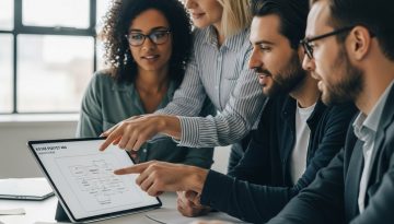 Team von Experten erstellt gemeinsam einen professionellen Projektplan auf einem Tablet.