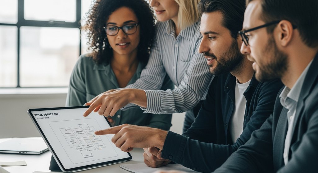 Team von Experten erstellt gemeinsam einen professionellen Projektplan auf einem Tablet.