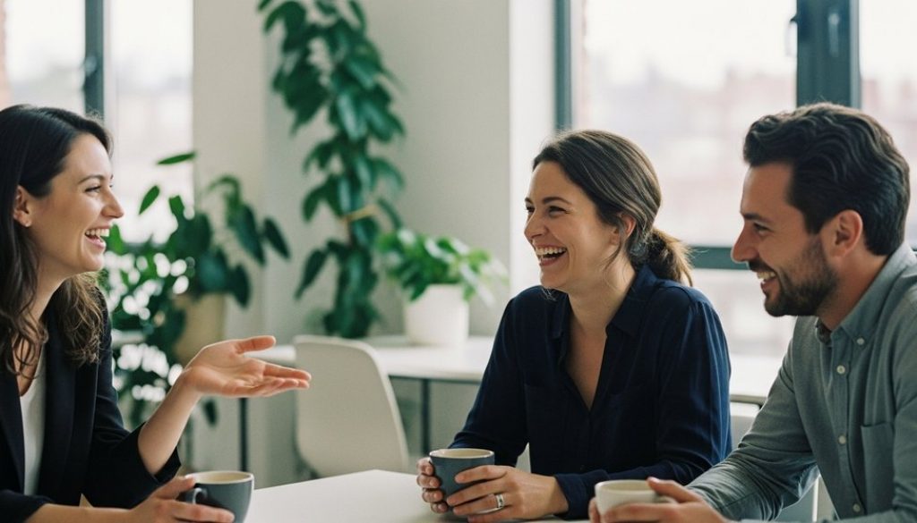Team von Mitarbeitern lacht gemeinsam im Büro als Beispiel für gelungene Mitarbeiterbindung.