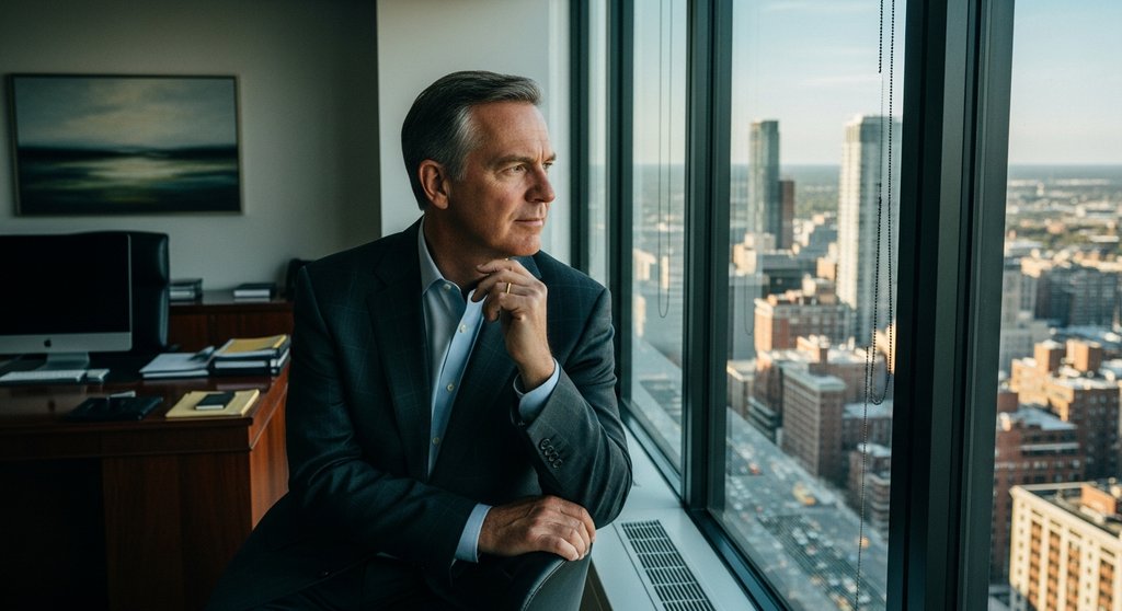 Umweltportrait eines erfahrenen CEO, der nachdenklich aus dem Fenster seines Büros auf eine belebte Stadtlandschaft blickt. Die Stimmung ist ruhig und vorausschauend. Der Fokus liegt auf strategischem Denken und Weitblick. Kodak Portra 400 style, slight film grain, high resolution photography.