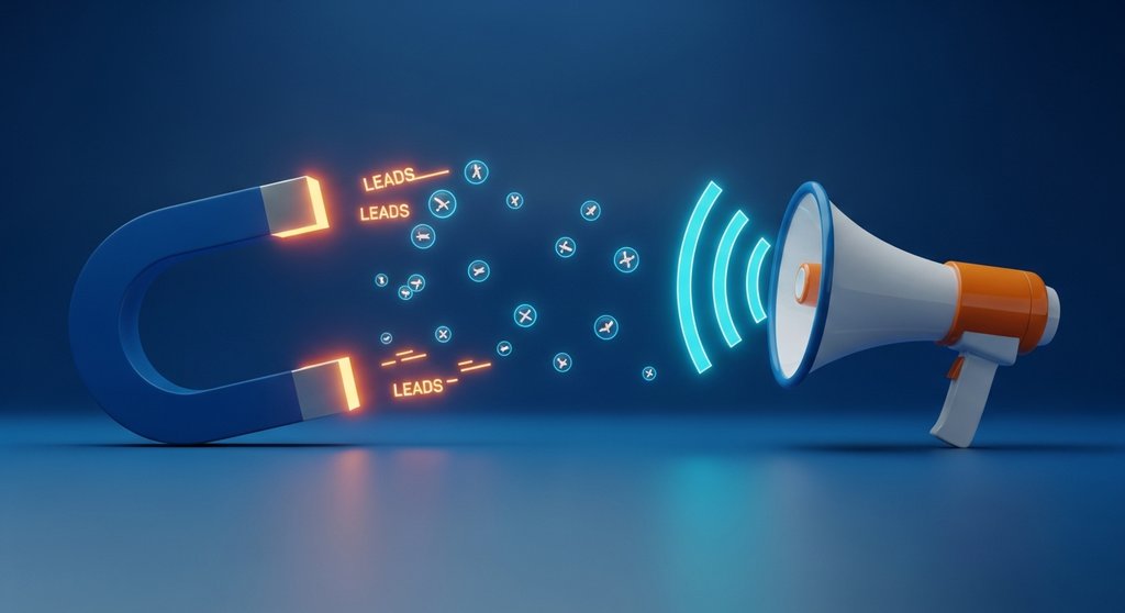 Visualisierung des Unterschieds zwischen anziehendem Inbound-Marketing und sendendem Outbound-Marketing.