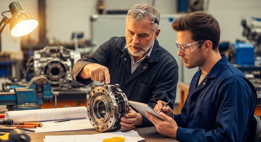 Zwei Kollegen, ein älterer und ein jüngerer, arbeiten gemeinsam an einem komplexen Maschinenbauteil in einer Werkstatt.